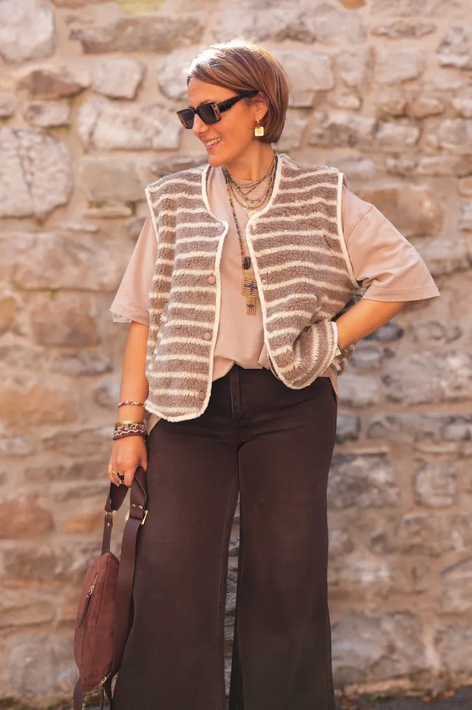 Gilet sherpa rayé - Beige et fango (vue 5)