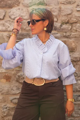 Blouse rayée col à volants - Rayé bleu