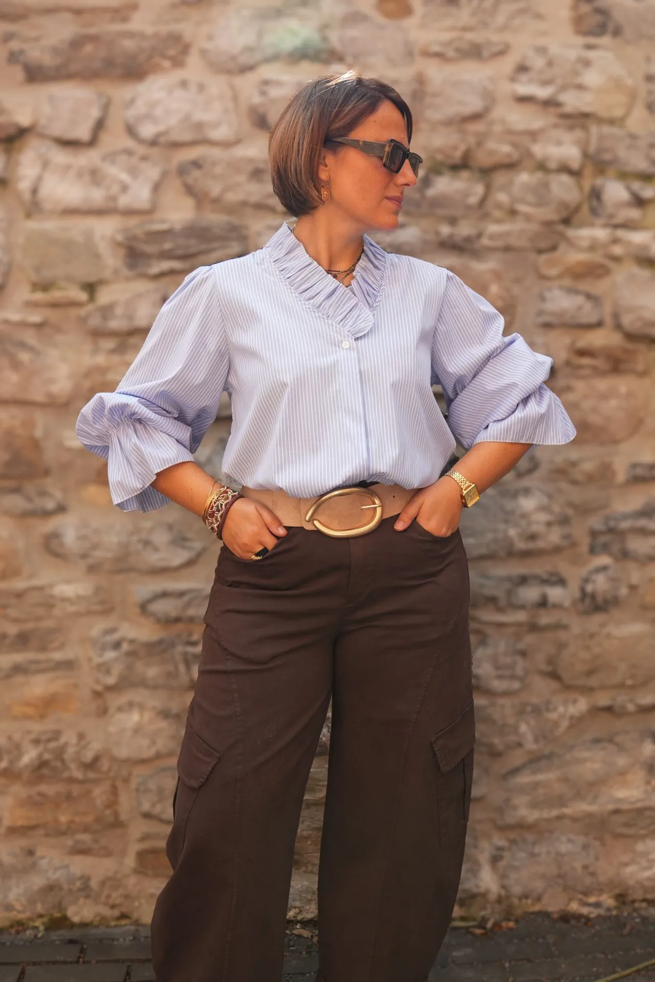 Blouse rayée col à volants - Rayé bleu (vue 4)