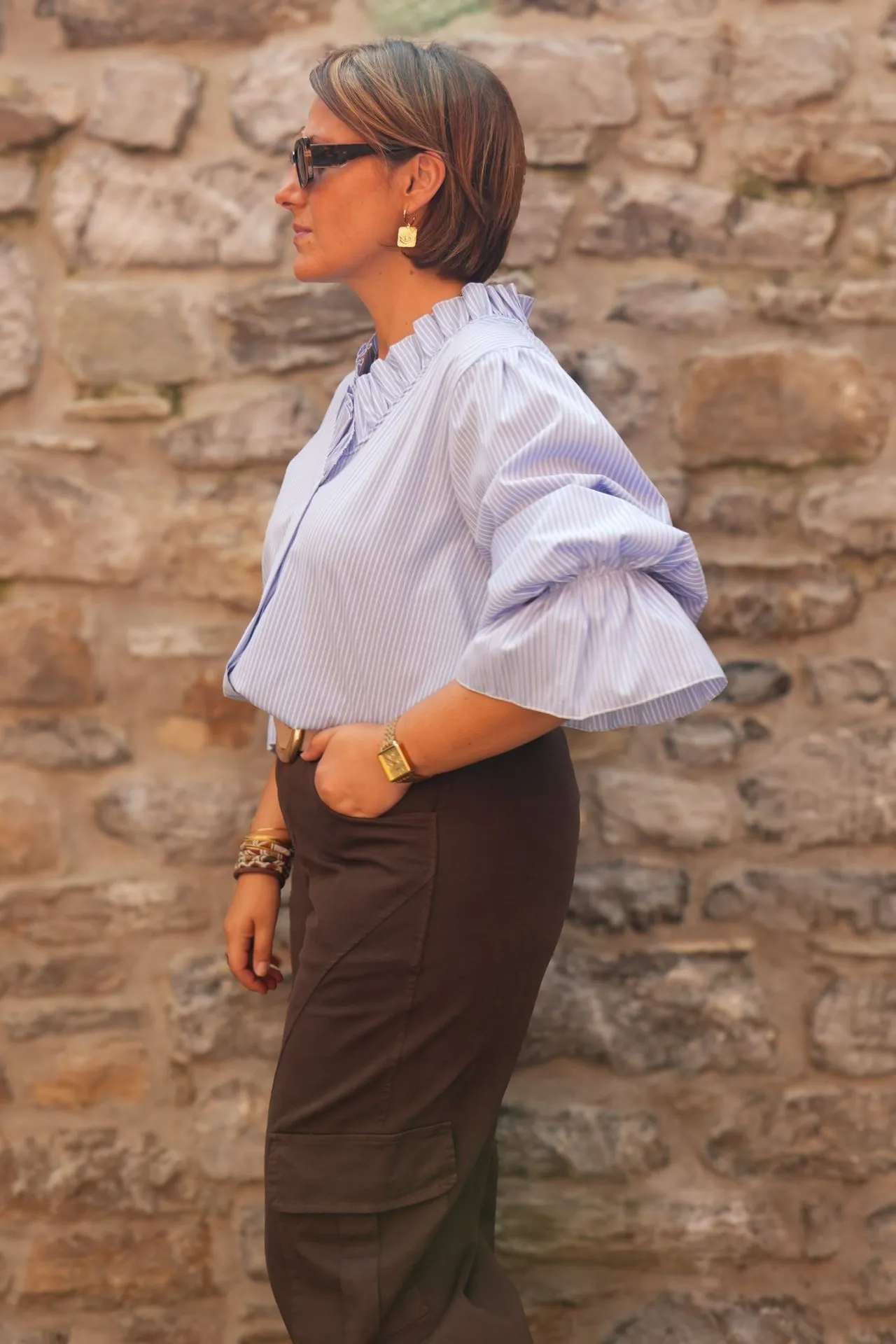 Blouse rayée col à volants - Rayé bleu (vue 5)