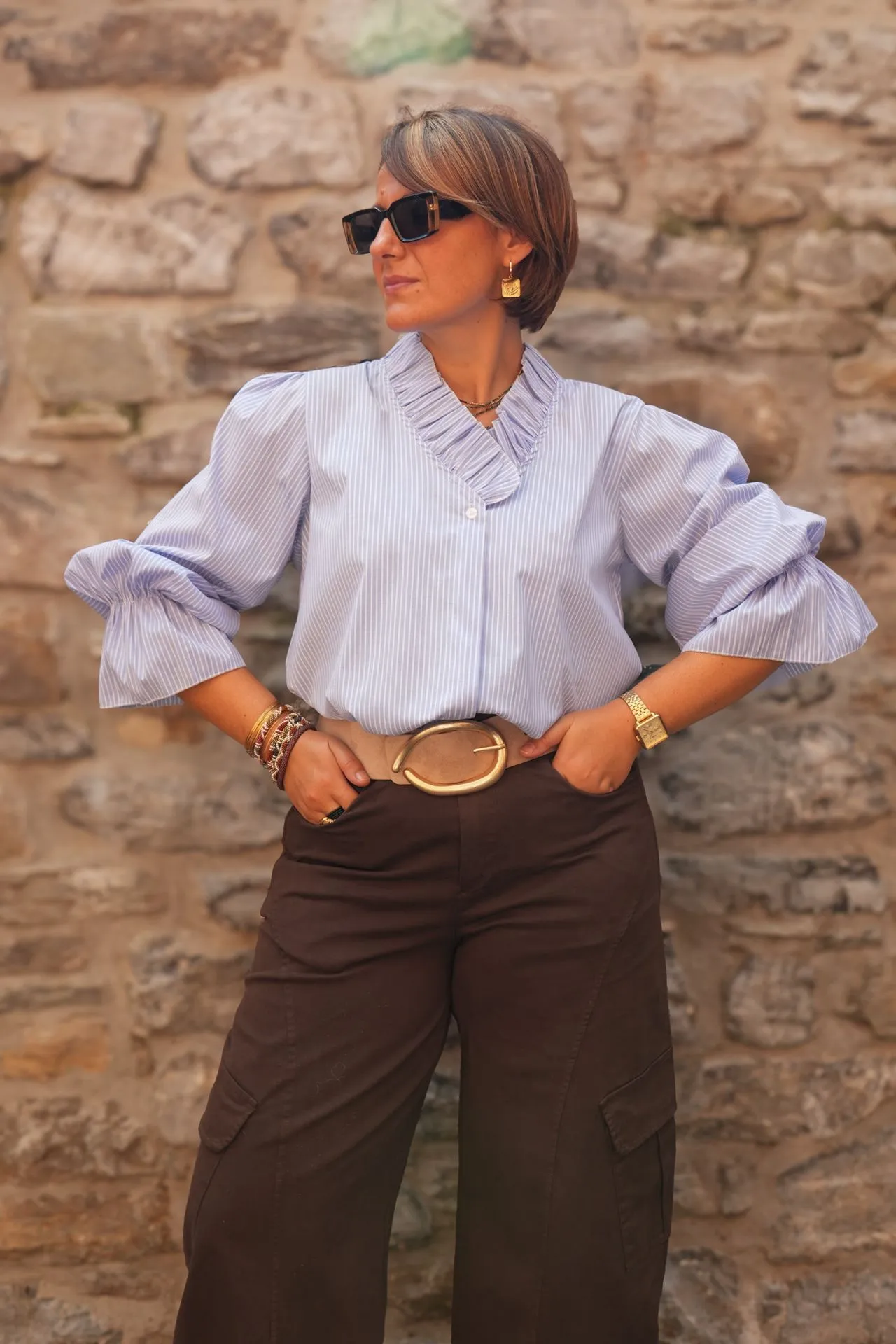 Blouse rayée col à volants - Rayé bleu (vue 6)