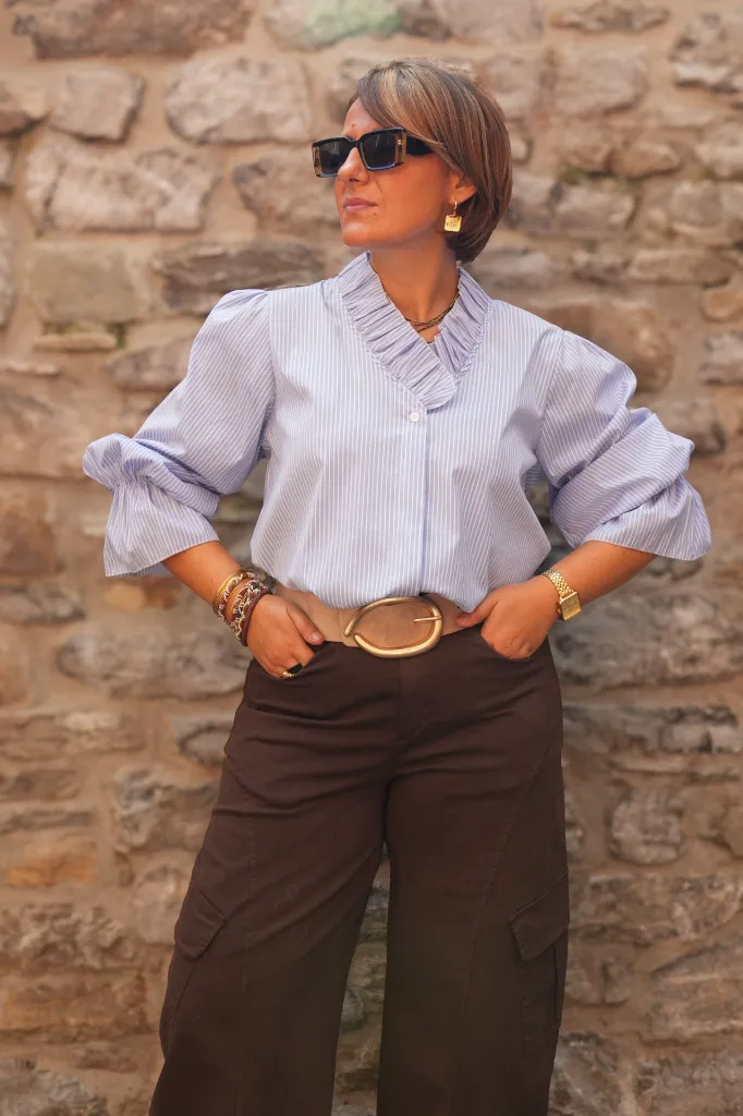 Blouse rayée col à volants - Rayé bleu (vue 7)