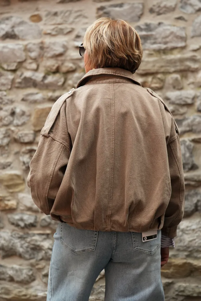 Blouson zippé en coton délavé - Taupe (vue 3)