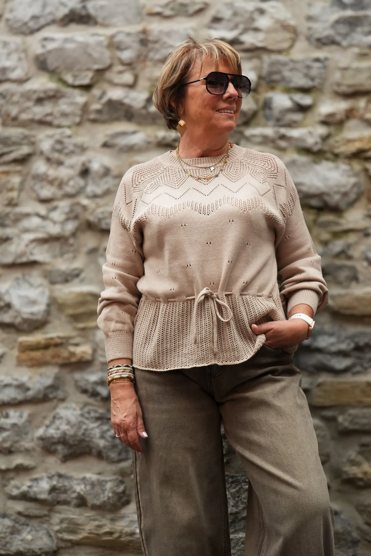 Pull ajouré à cordon - Taupe (vue 3)