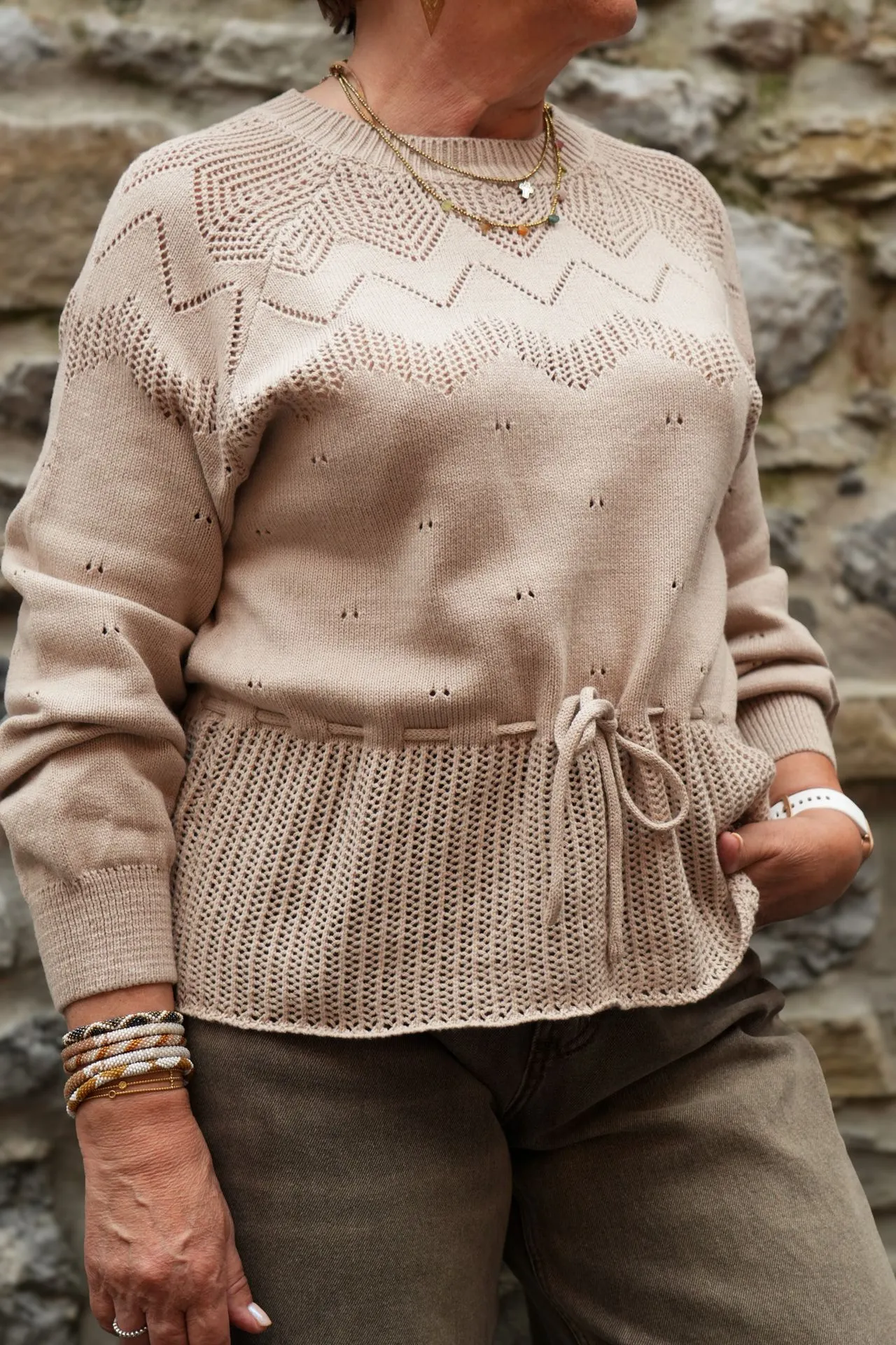 Pull ajouré à cordon - Taupe (vue 4)