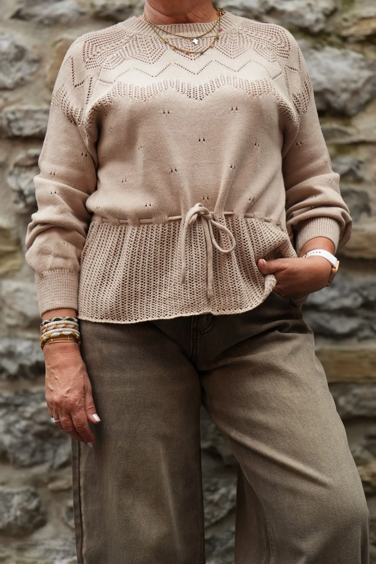 Pull ajouré à cordon - Taupe (vue 6)