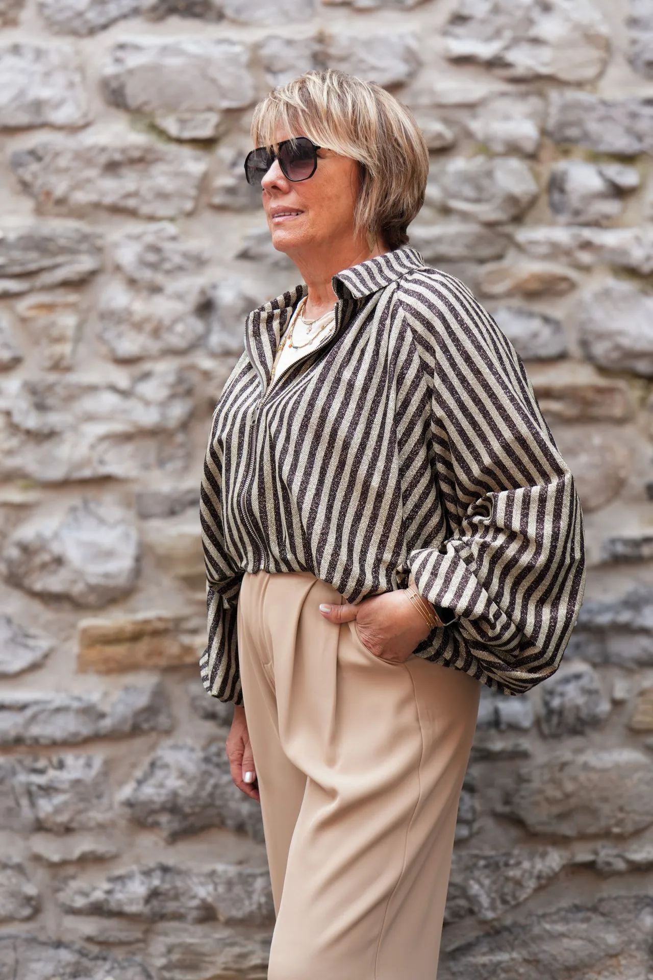 Blouson zippé manches ballon - Beige (vue 2)