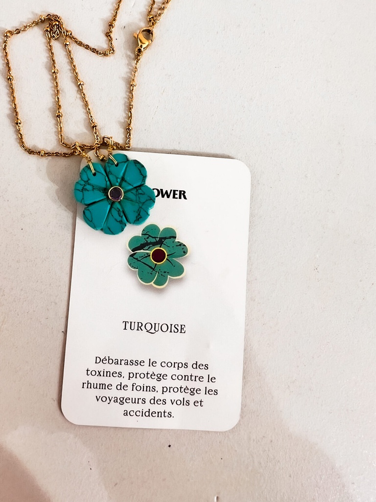 Collier avec pendentif et pierres semi-précieuses - Le monde est stone - FLOWER - Turquoise — vue 2
