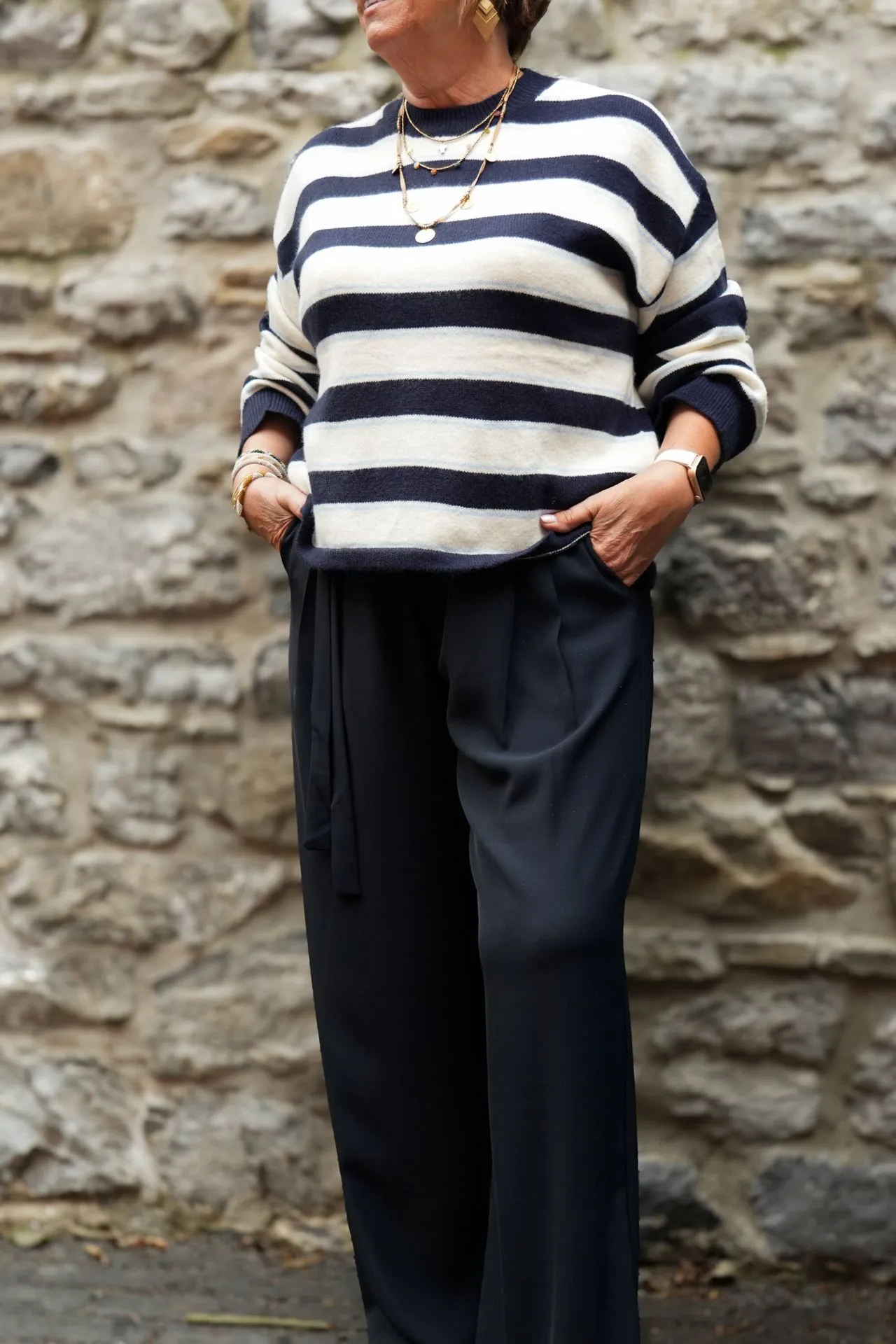 Pantalon de tailleur à nouer avec élastique au dos - Tara - Marine (vue 3)