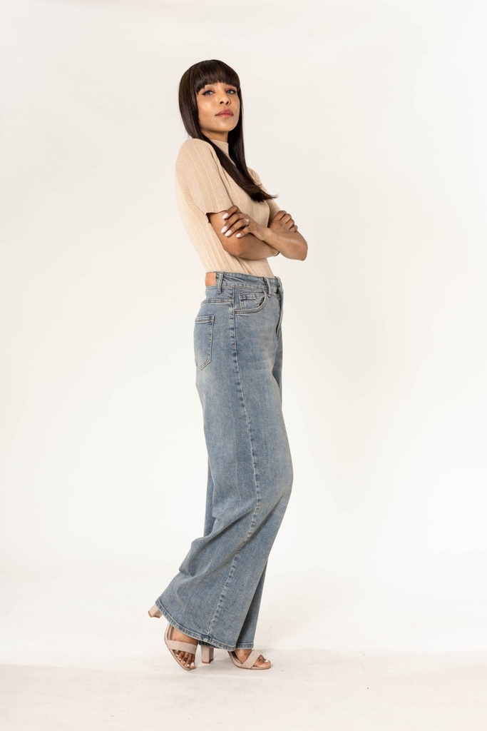 Jeans wide leg taille haute délavé - Vintage blue (2)