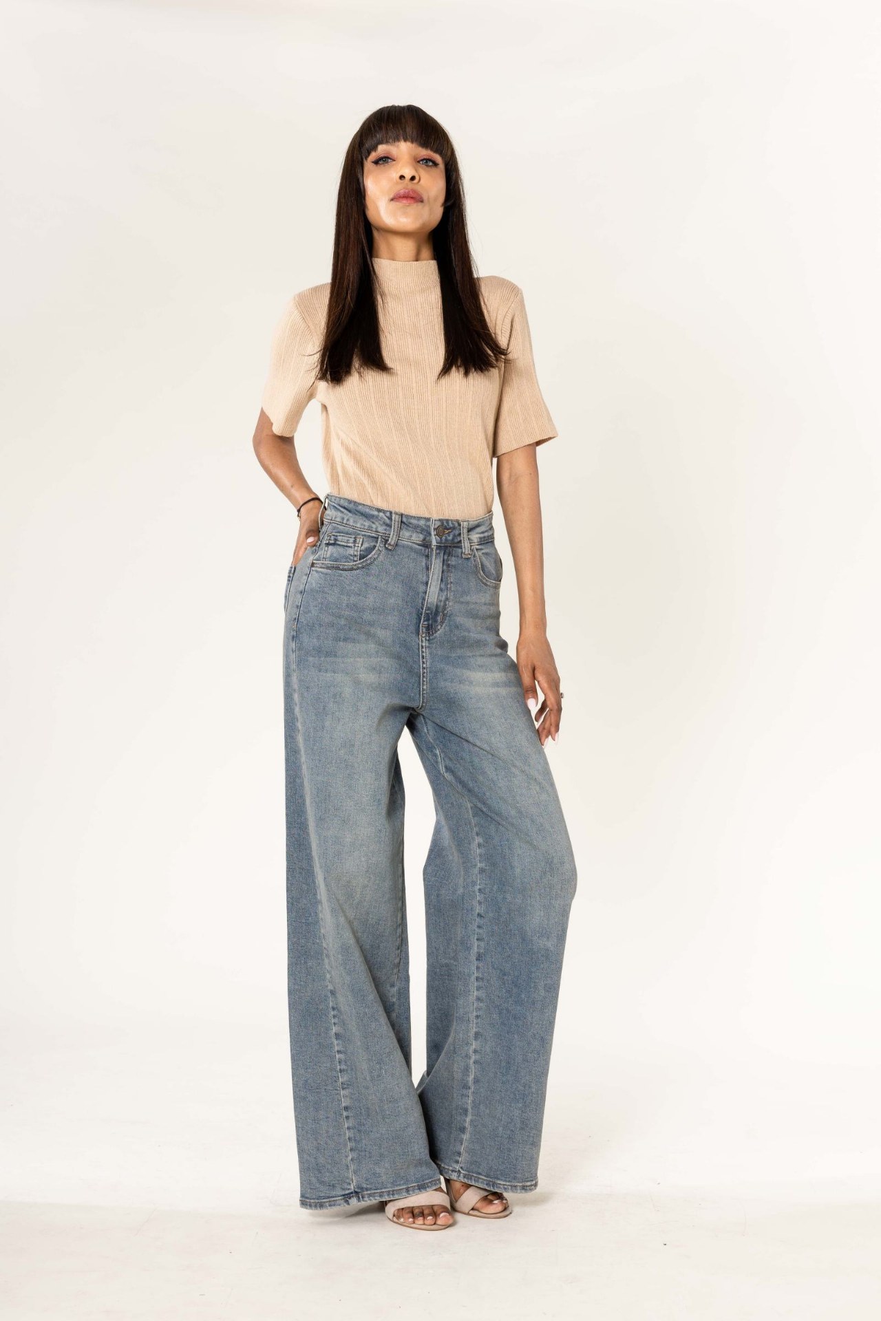 Jeans wide leg taille haute délavé - Vintage blue (4)