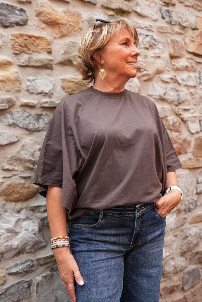 T-shirt en coton manches drapées - Chocolat