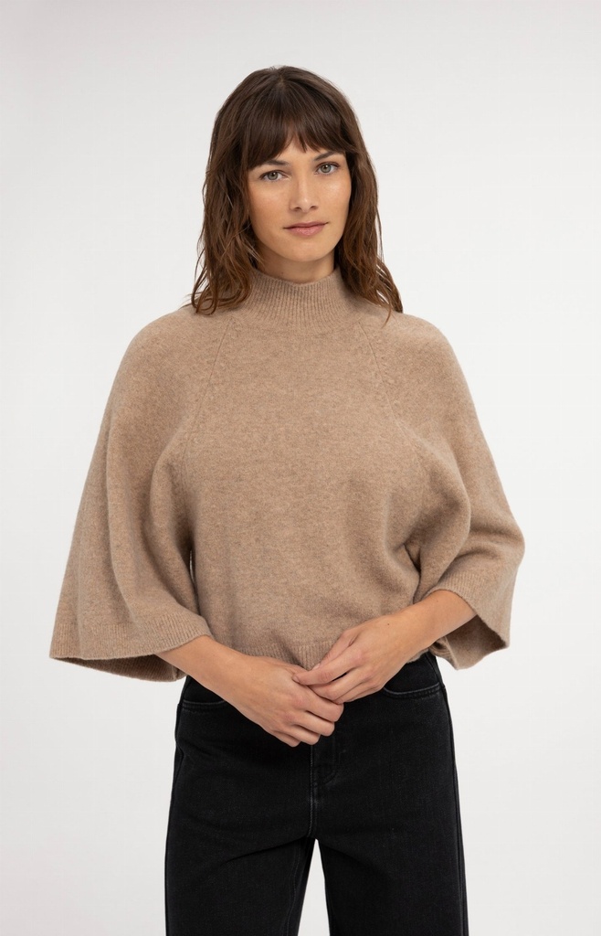 Pull à larges manches, col montant - YAYA - Dark Beige Melange (3)