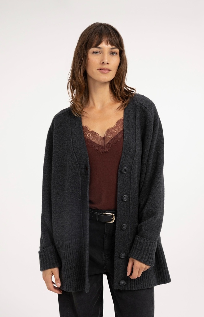 Cardigan oversize en maille côtelée - YAYA - Dark Anthracite Melange (3)