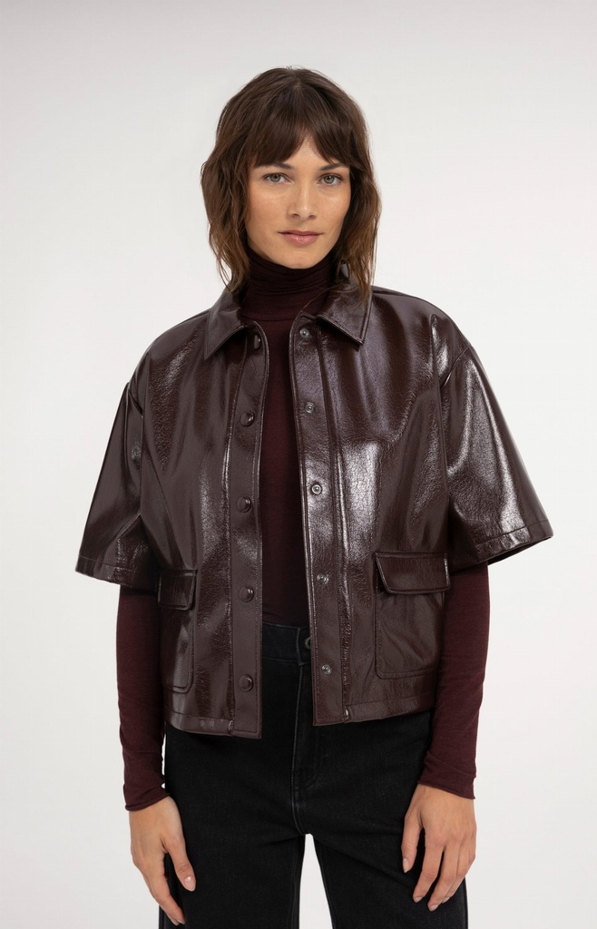 Veste courte en simili cuir brillant - YAYA - Bitter Chocolate Red (3)
