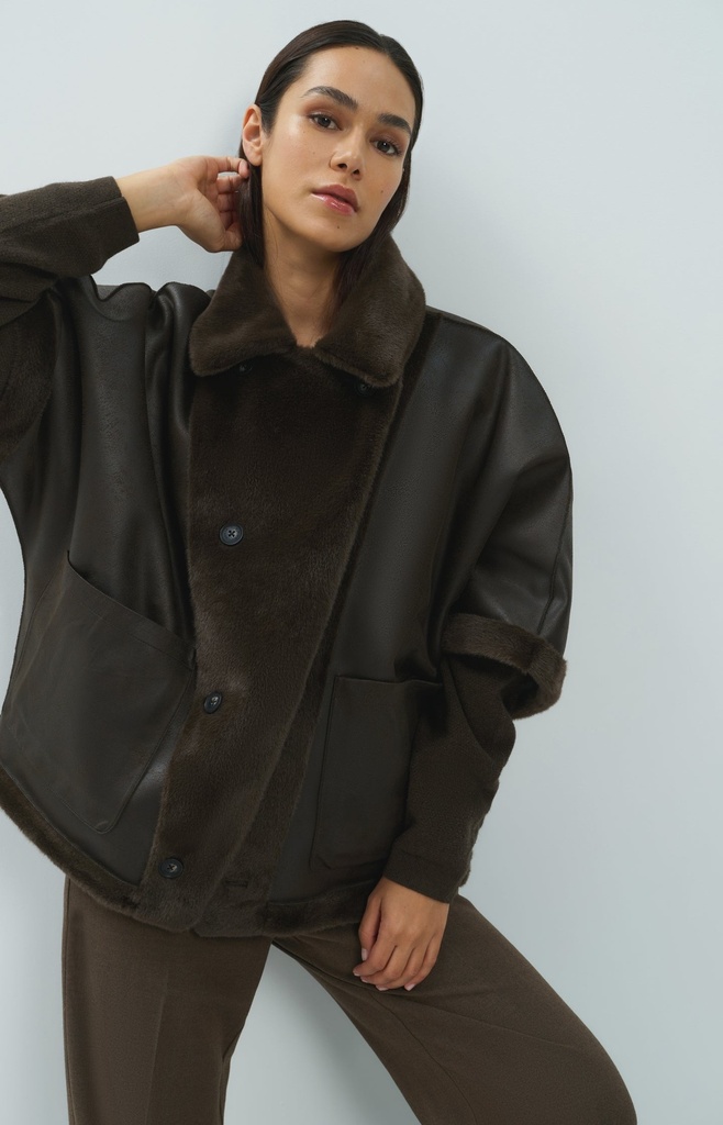 Veste oversize réversible en fausse fourrure - YAYA - Delicioso Brown (4)