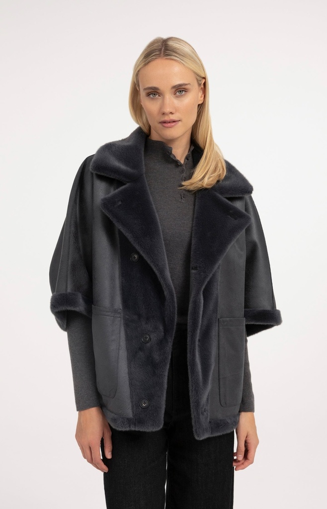 Veste oversize réversible en fausse fourrure - YAYA - Dark Anthracite (7)