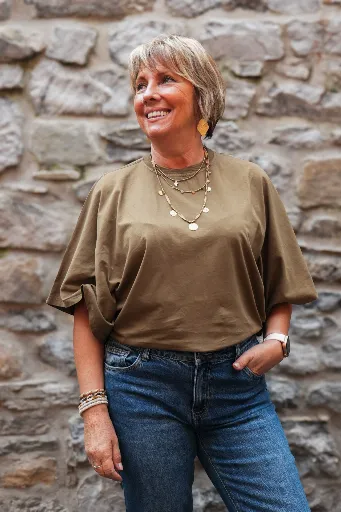 T-shirt en coton manches drapées - Kaki Hunter