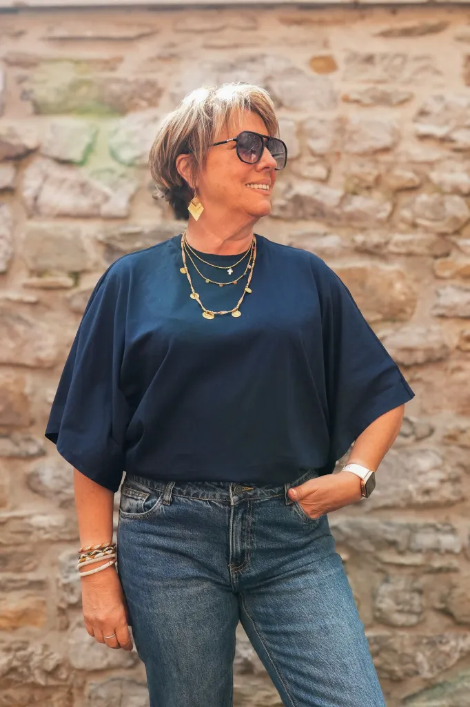 T-shirt en coton manches drapées - bleu nuit (vue 3)