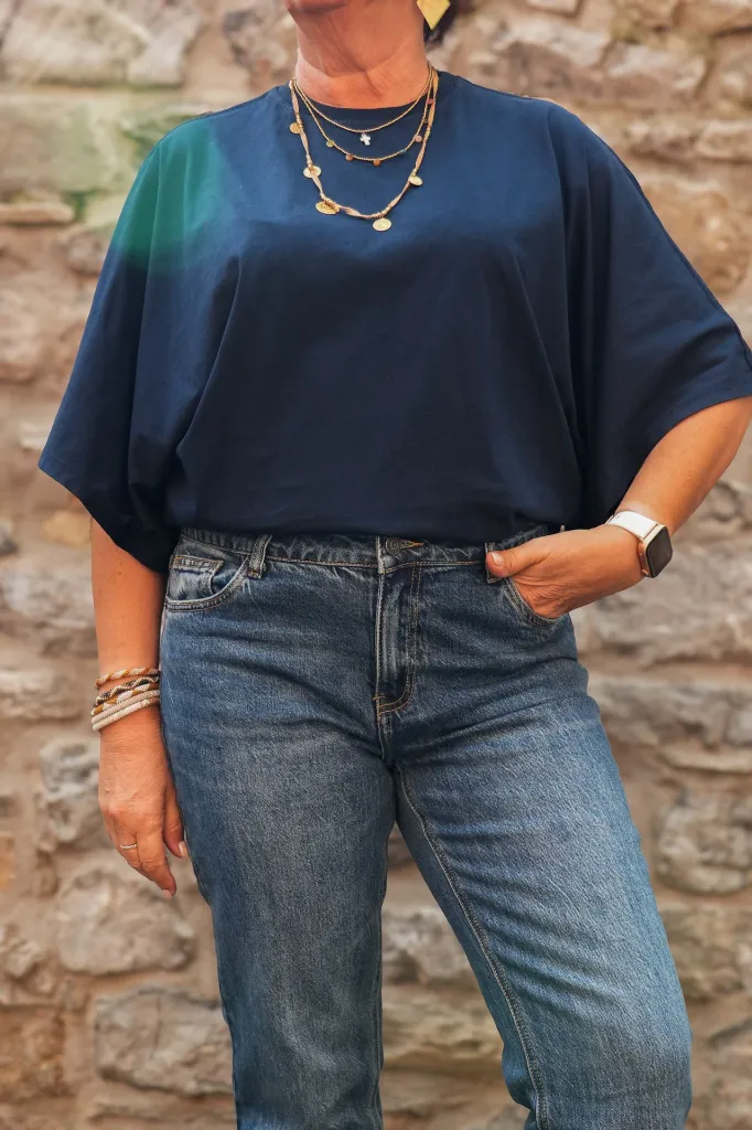 T-shirt en coton manches drapées - bleu nuit (vue 4)