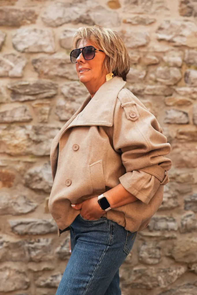 Manteau court col entonnoir double boutonnage - Taupe (vue 3)