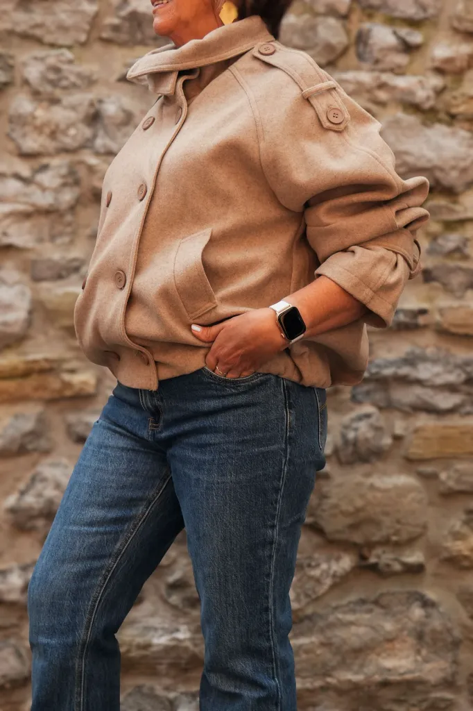 Manteau court col entonnoir double boutonnage - Taupe (vue 4)
