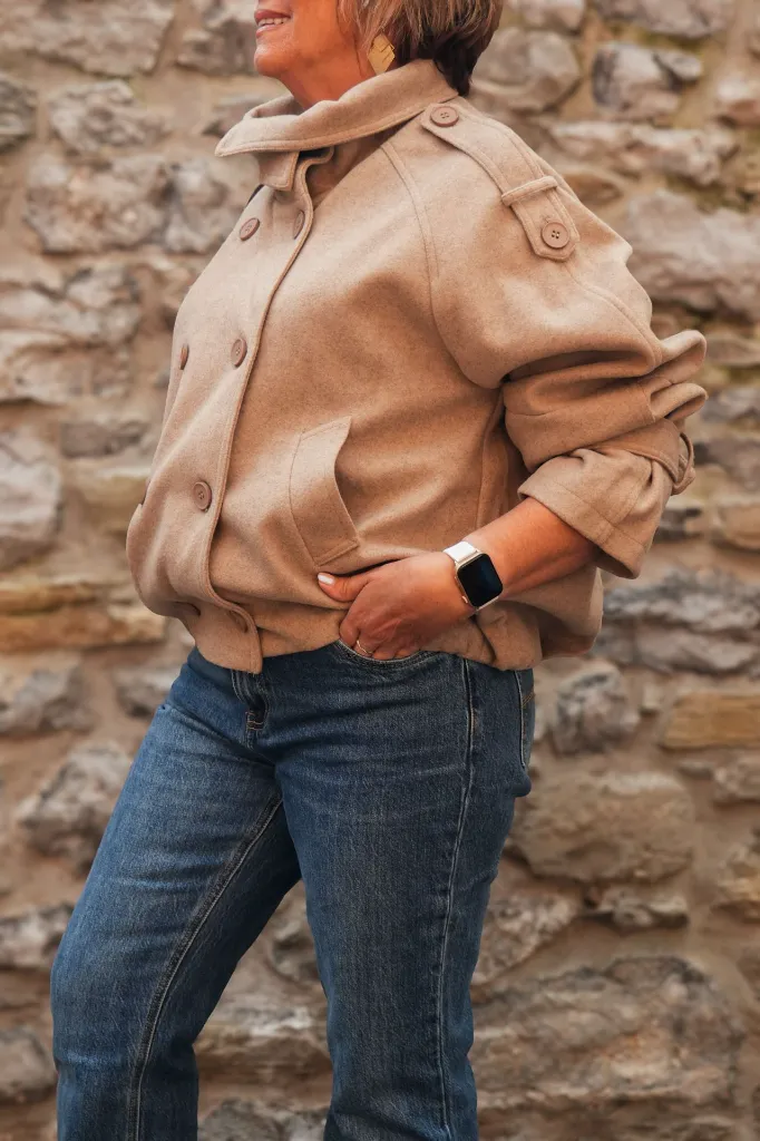 Manteau court col entonnoir double boutonnage - Taupe (vue 6)