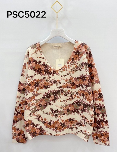 Pull col V imprimé petites fleurs - Rose et chocolat