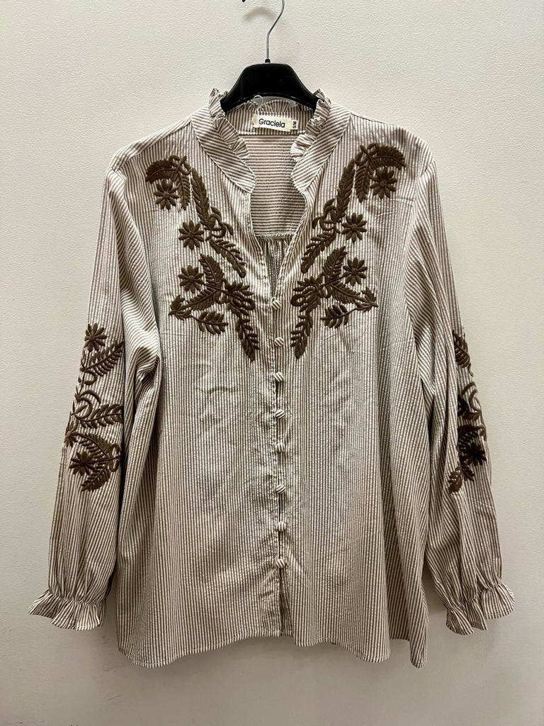 Blouse brodée col volanté - Rayé brun