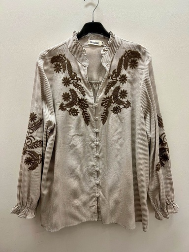Blouse brodée col volanté - Rayé brun