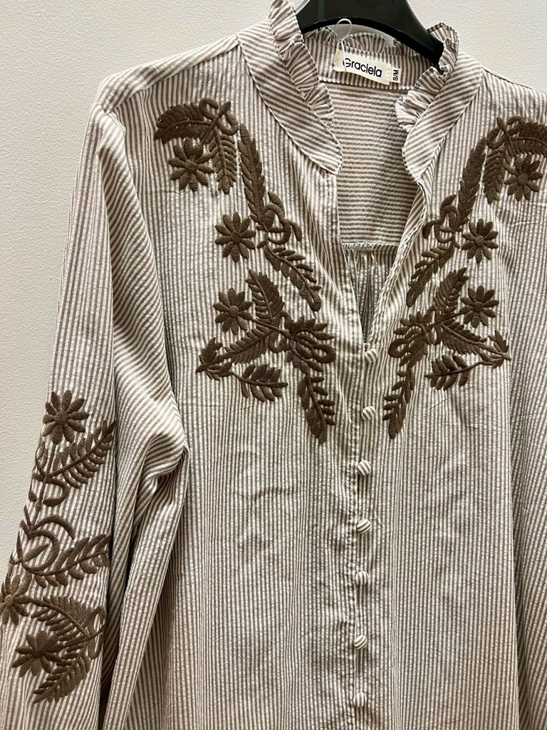 Blouse brodée col volanté - Rayé brun (3)