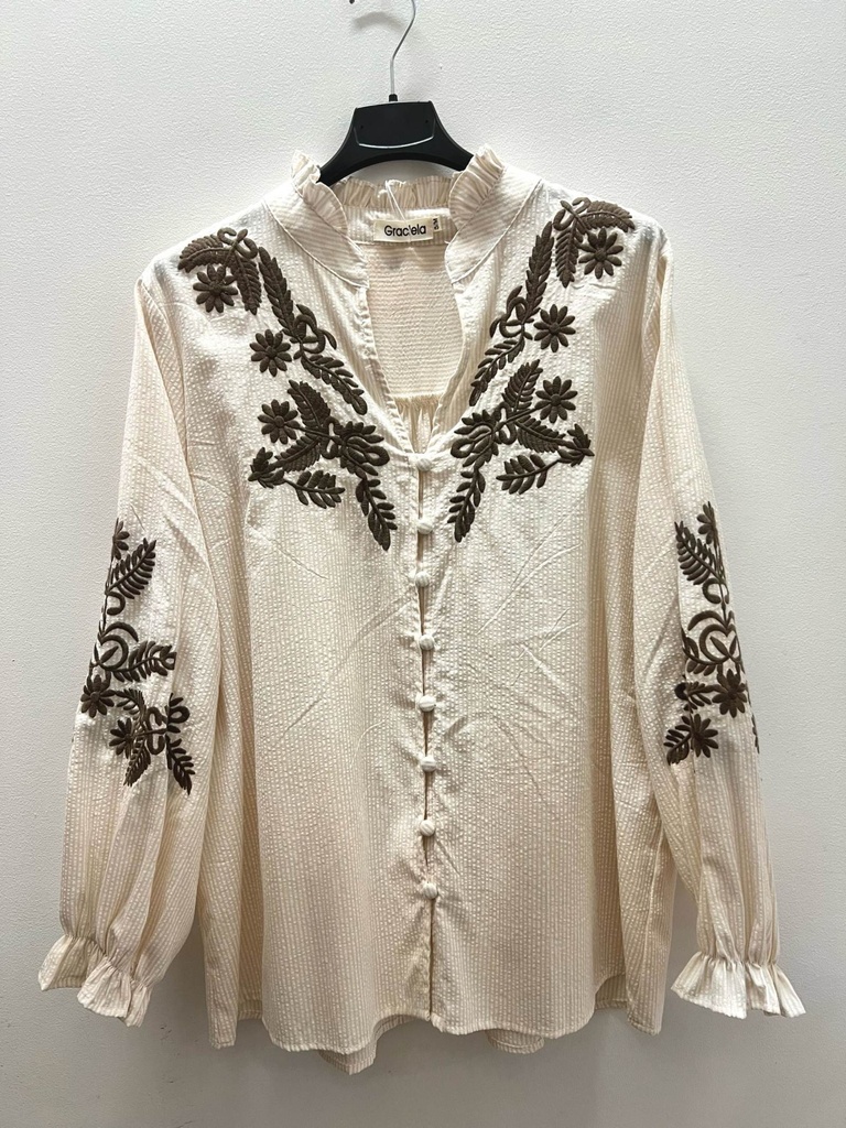 Blouse brodée col volanté - Écru (2)