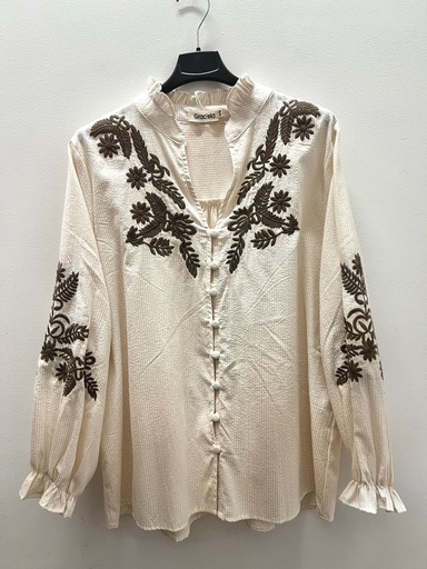Blouse brodée col volanté - Écru