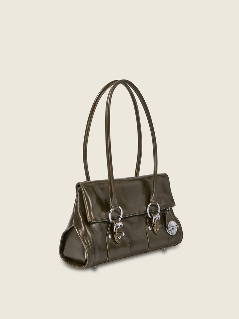 Sac baguette Paul Marius Bernadette Baguette en cuir vernis vert kaki