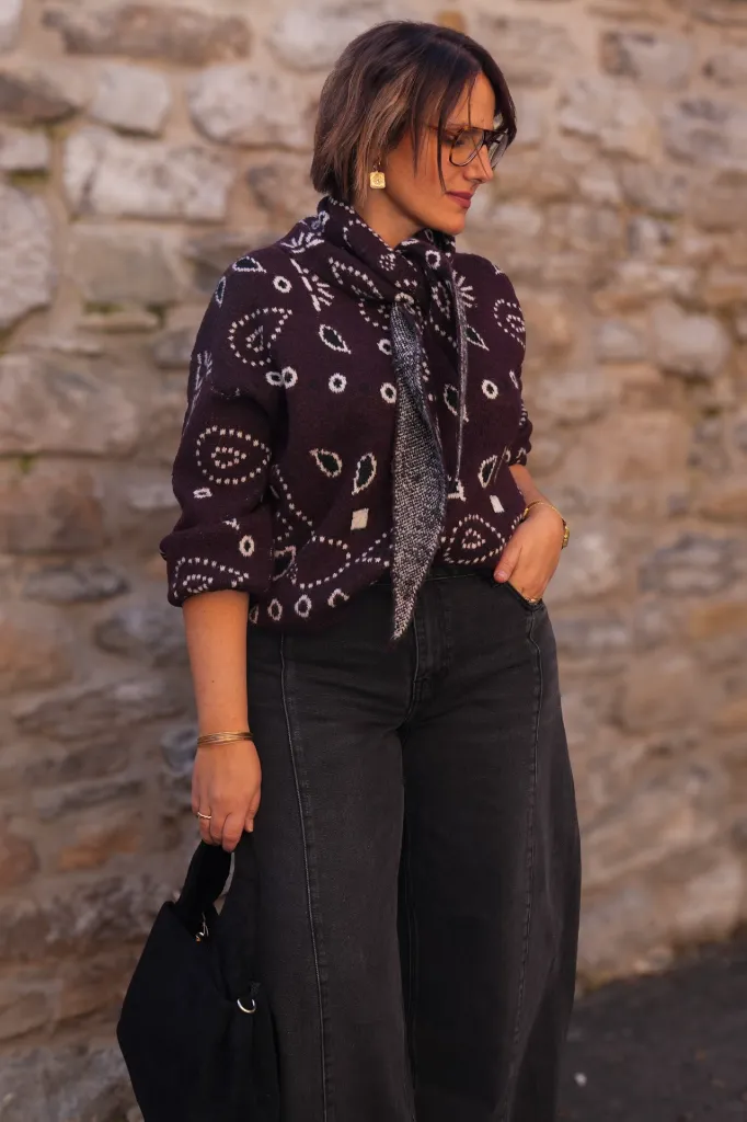 Ensemble pull et châle - Jacquard bandana - Prune (vue 2)