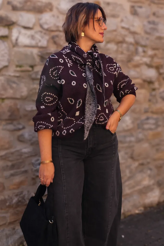 Ensemble pull et châle - Jacquard bandana - Prune (vue 3)