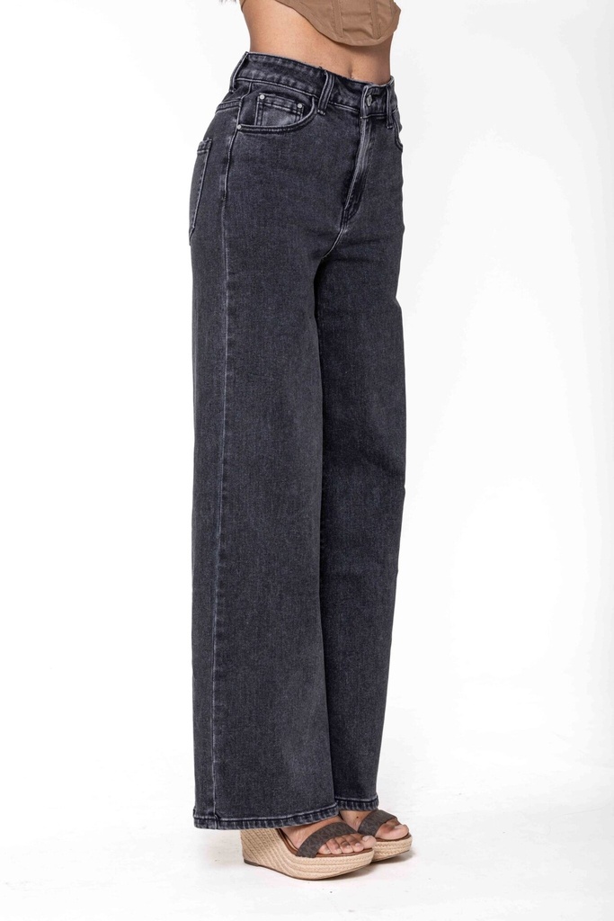 Jeans wide leg uni taille haute - Nathalie - noir délavé — vue 2