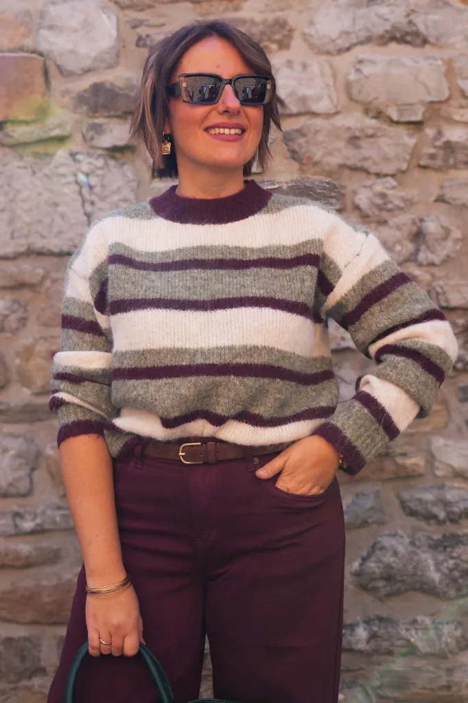 Pull rayé en maille mohair - Col rond - Olive