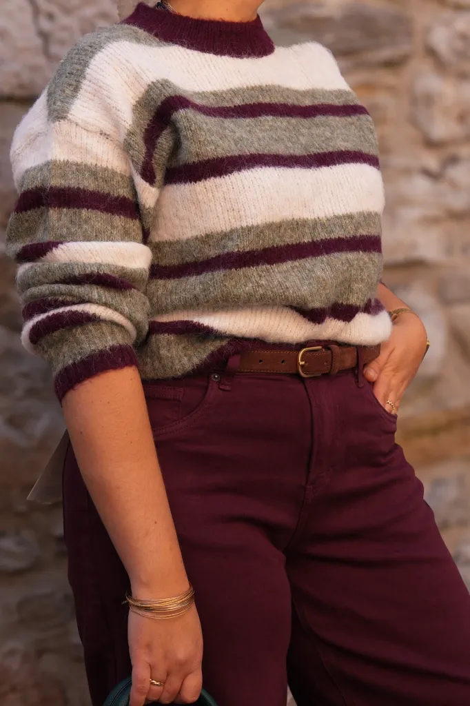 Pull rayé en maille mohair - Col rond - Olive (vue 3)