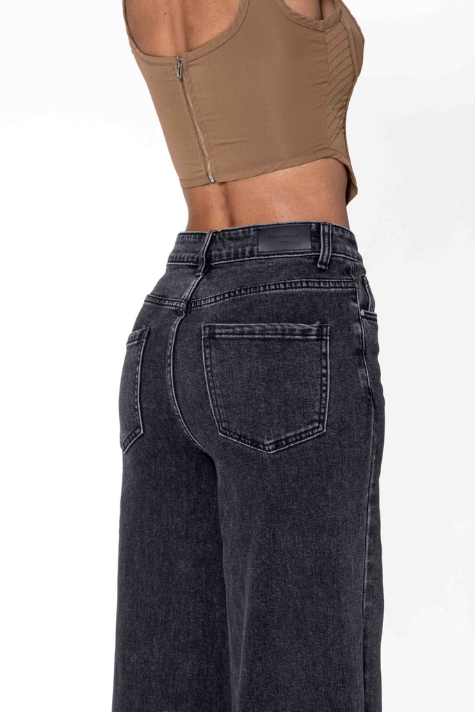 Jeans wide leg uni taille haute - Nathalie - noir délavé — vue 5