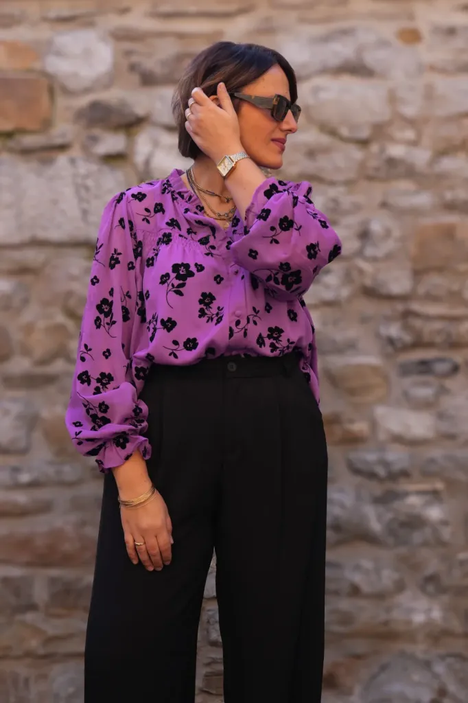 Blouse fleurs floquées - Col volanté - Violet (vue 2)