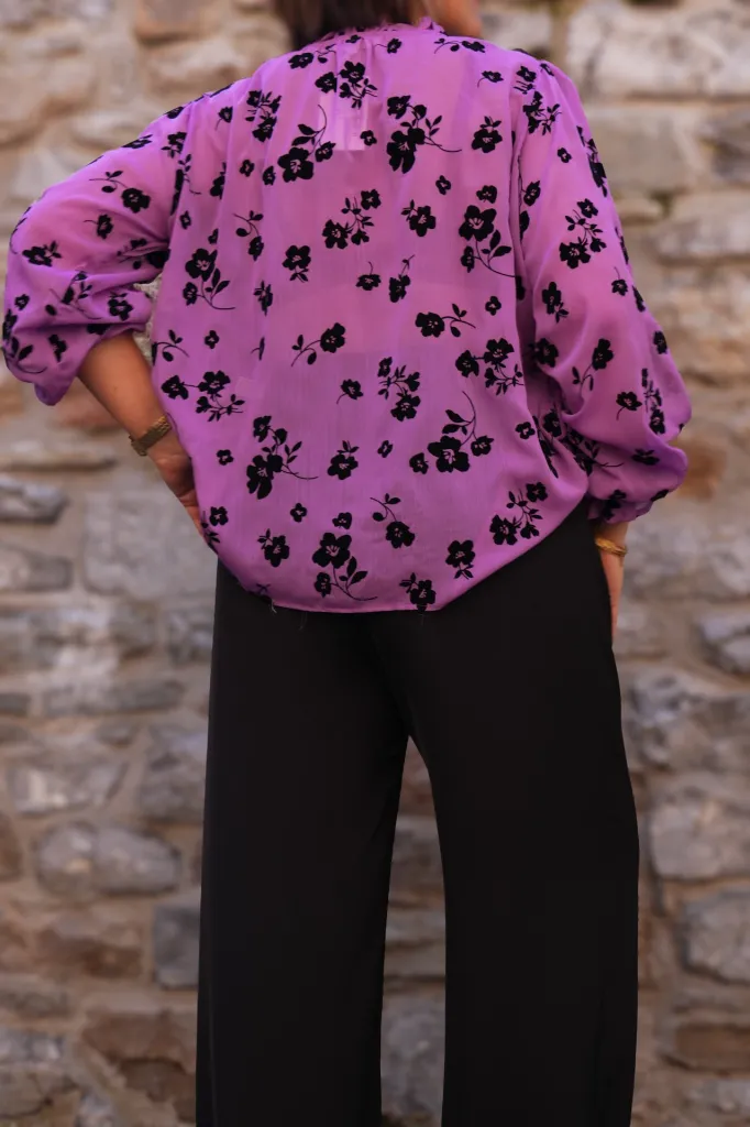 Blouse fleurs floquées - Col volanté - Violet (vue 3)
