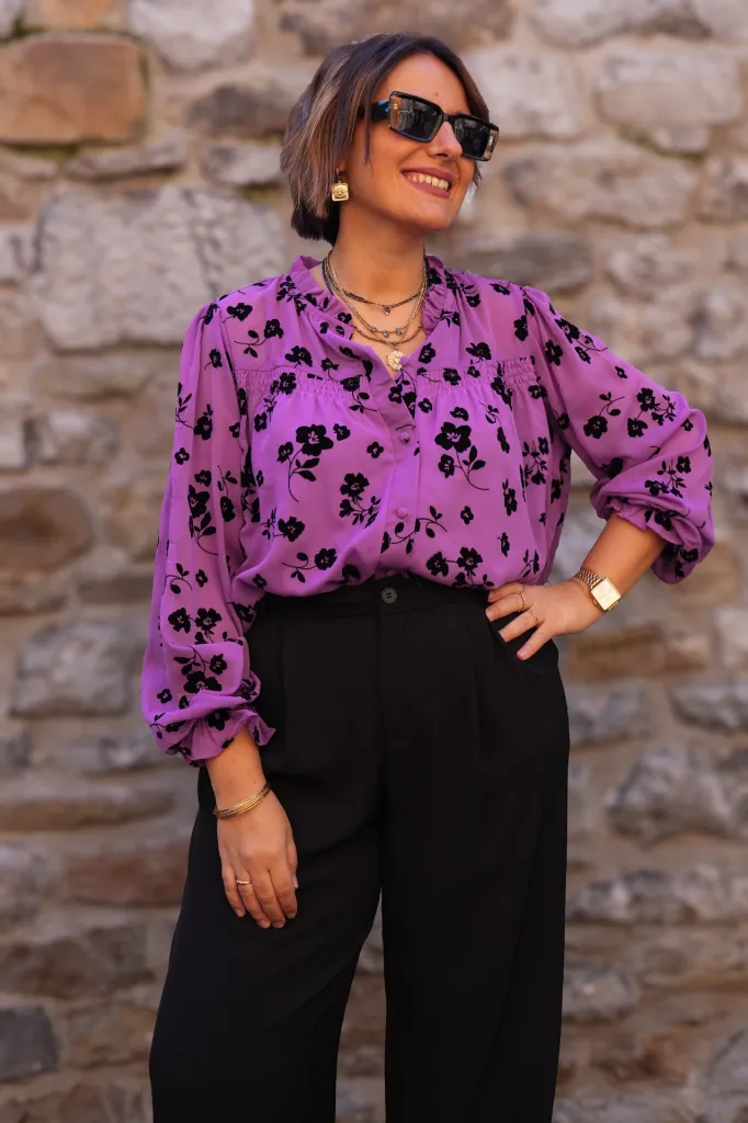 Blouse fleurs floquées - Col volanté - Violet (vue 4)