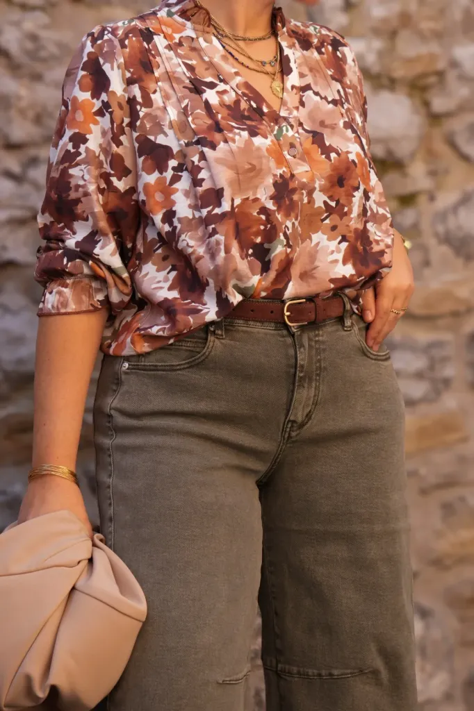 Blouse imprimée fleurs - Col V - Café (vue 3)
