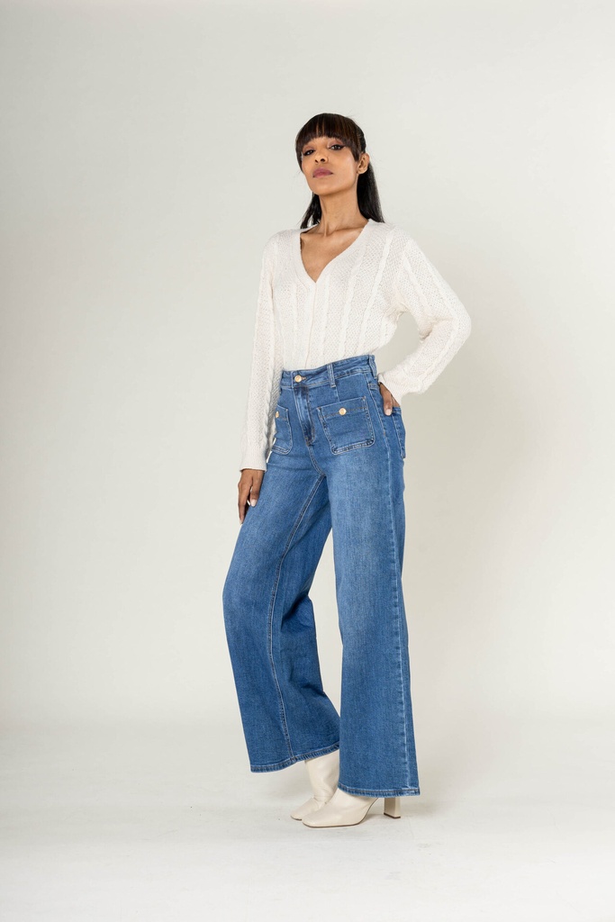Jeans super wide leg avec poches appliquées - Flora - Bleu — vue 2