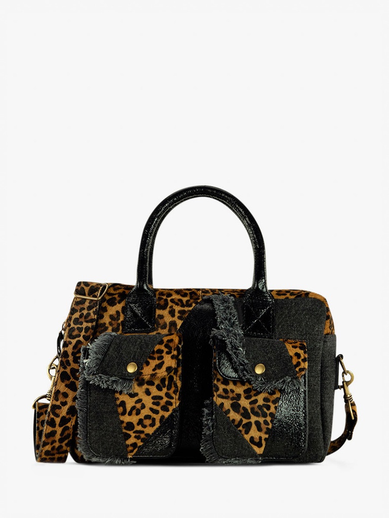 [PM-dandyS-chim-denim/noir] Sac à main CUIR NOIR ET LÉOPARD - Paul Marius - Le Dandy S Chimère Denim/noir