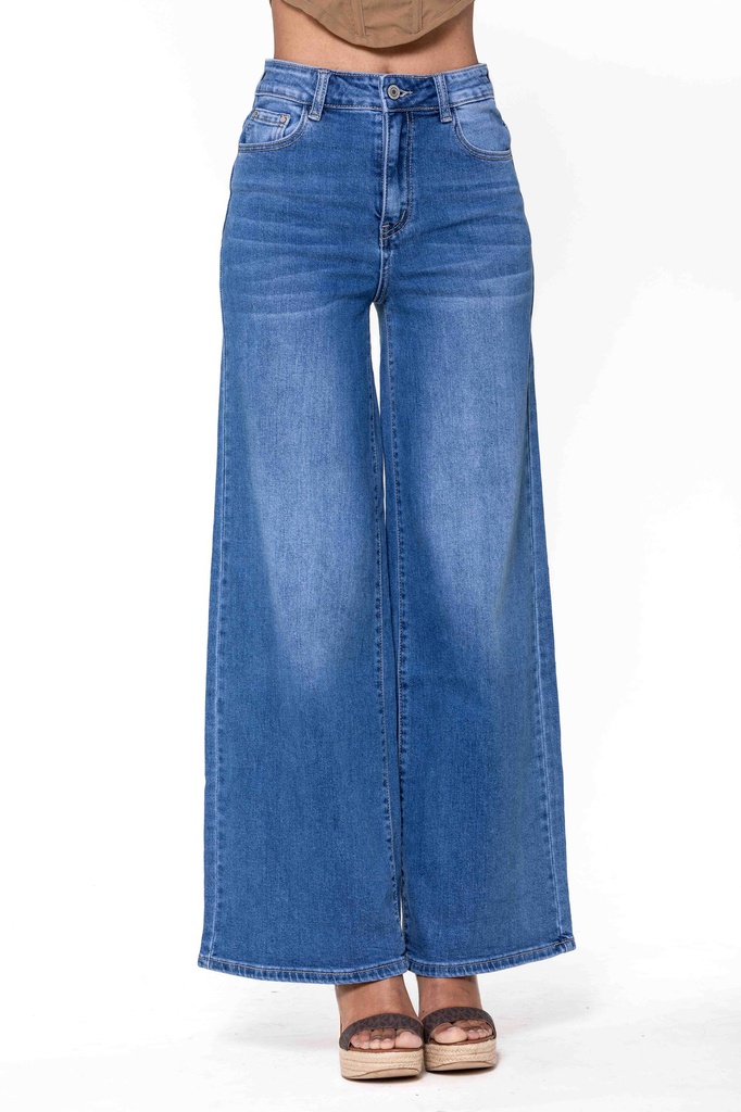 Jeans wide leg uni taille haute - Nathalie - Bleu