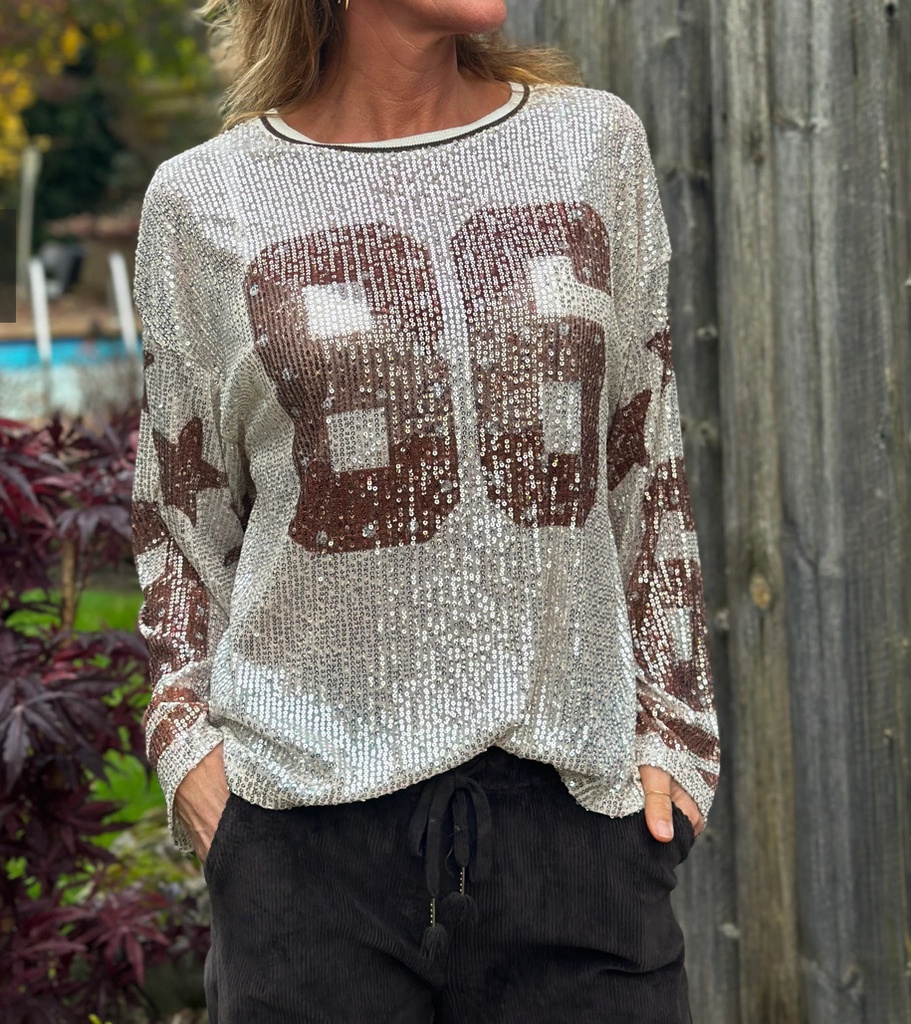 Blouse oversized à paillettes manches longues - STAR 86 - Chocolat