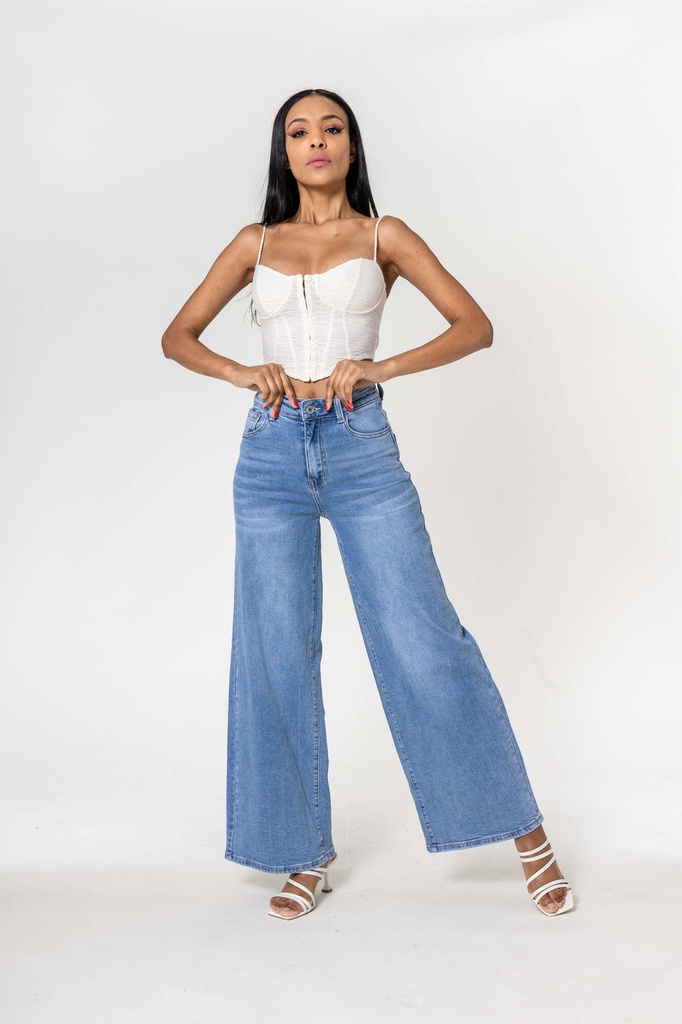 [YY300-6bleuclair-36] Jeans wide leg uni taille haute - Nathalie - Bleu clair (36)
