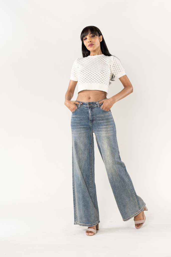 [YY300-13-bleuvintage-36] Jeans wide leg uni taille haute - Nathalie - Bleu vintage (36)
